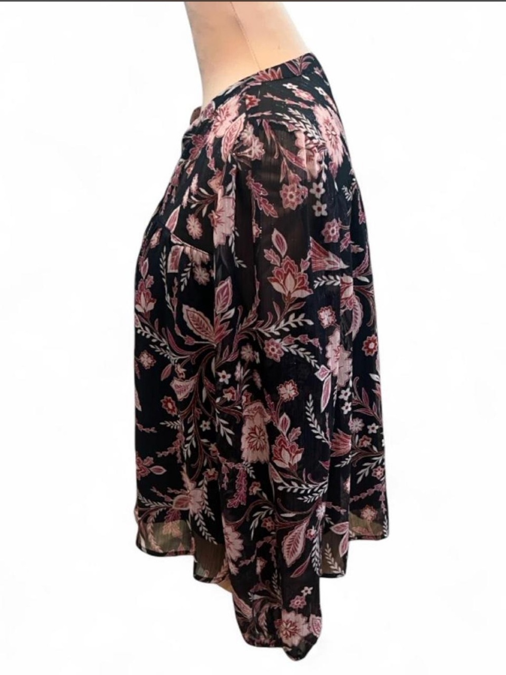 Floral Print Black & Pink Long-Sleeve Women's Blouse- Petite Small - Picture 2 of 6